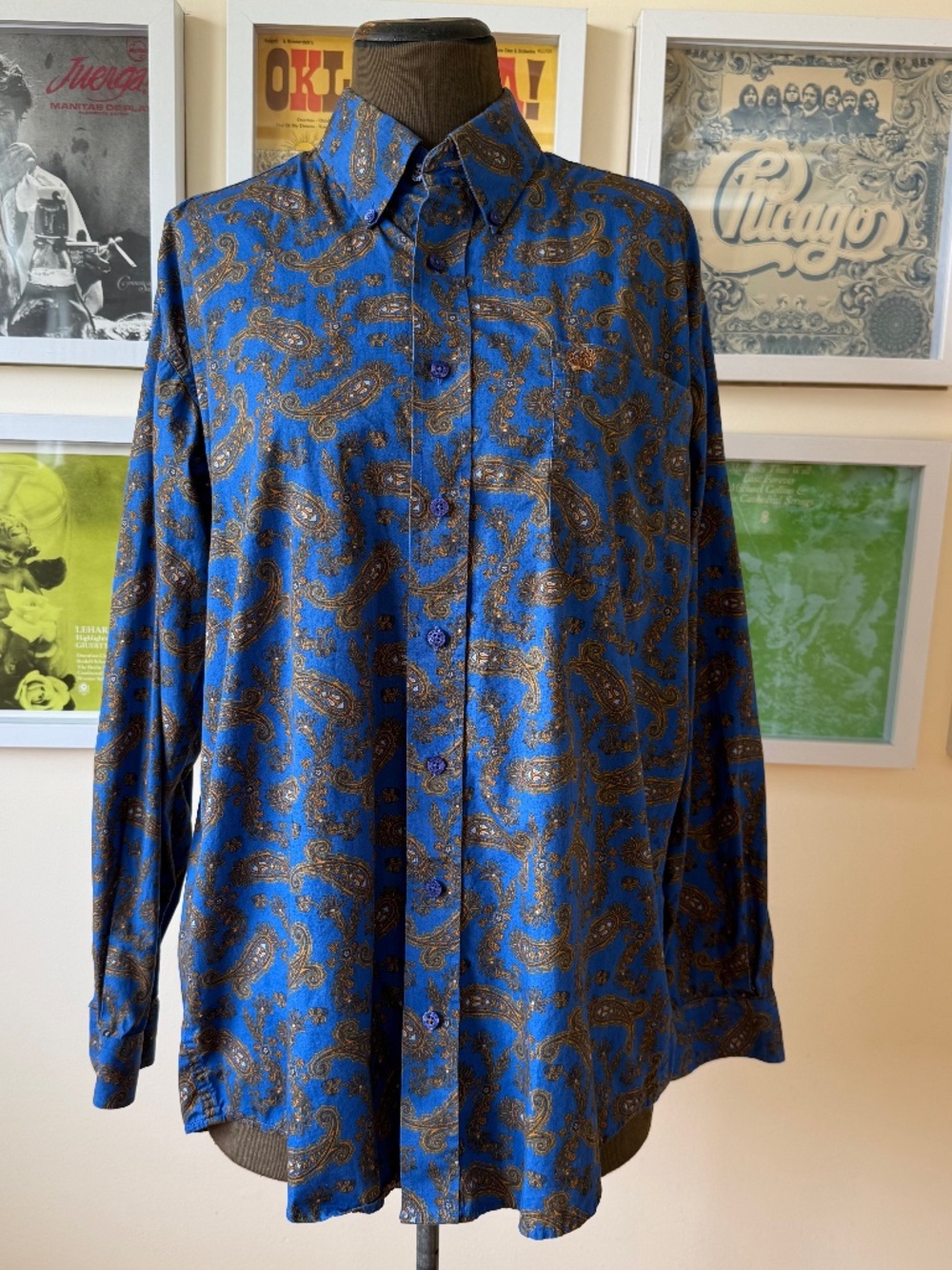 Vintage 90s Blue Paisley Western Button-Up Shirt | Oversized Retro | Cowboy